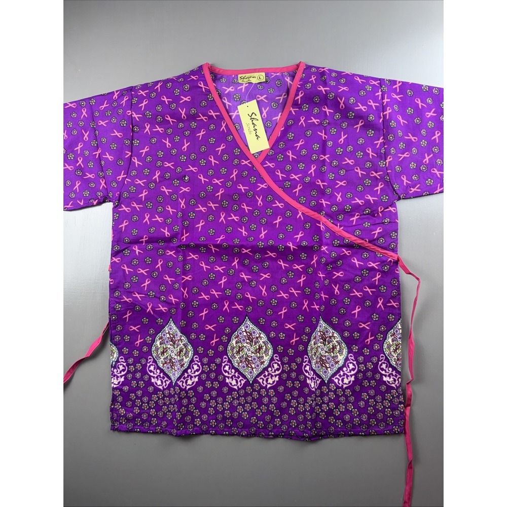 Shana Scrubs Women's Scrub Top Size L Pink Breast Cancer Ribbon Awareness NWT